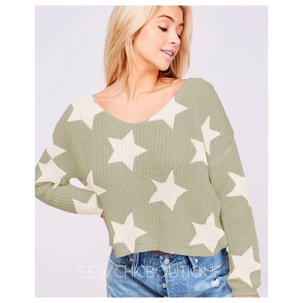Fave Light Olive Soft Star Knit V-Neck Sweater